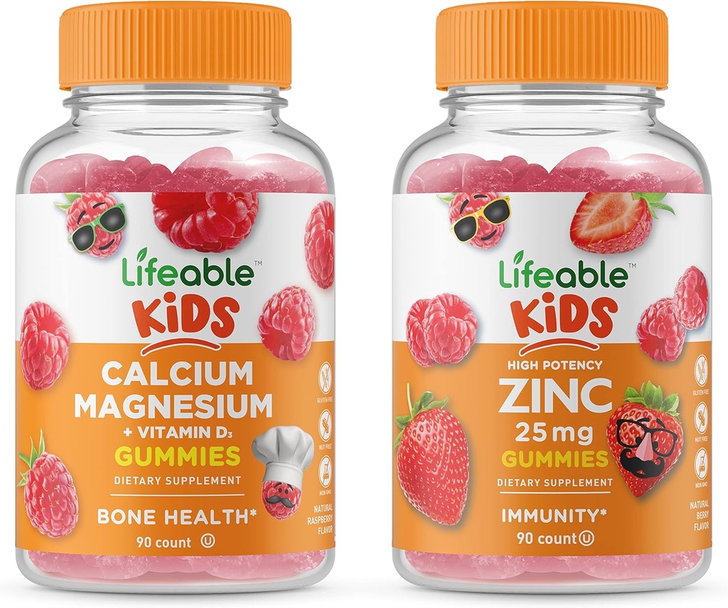 Lifeable Zink 25mg Kids + Calcium Magnesium Kids, Gummies Bundle - Great Tasting, Vitamin Supplement, Gluten Free, GMO Free, Chewable Gummy