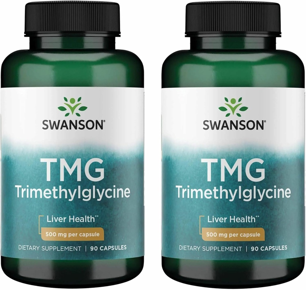 Swanson TMG Trimethylglycin - Aminosyretilskud til fremme af sund leverfunktion & hjertesundhedsydelse - (90 kapsler, 500 mg hver) (2 pakke)