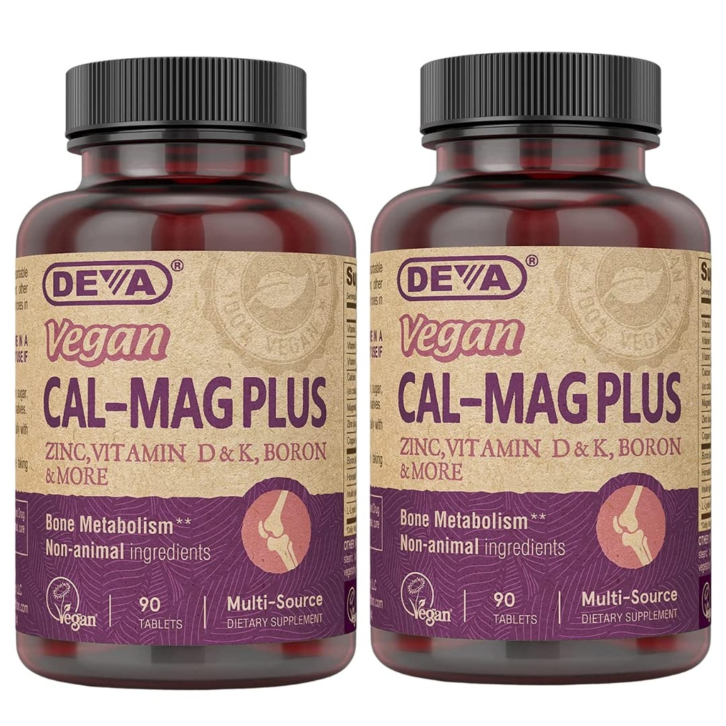 DEVA Vegan Calcium Magnesium Supplement 2- Pack, Plus Zink, Vitamin C, D & K, Bor, 90 tabletter Hver