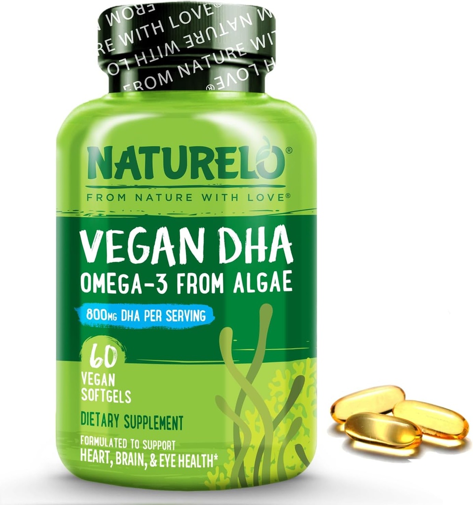 NATURELO Vegan DHA - Omega 3 Olie fra Alger - supplement til hjerne, hjerte, fælles, Eye Health - giver essentielle fedtsyrer til kvinder, mænd og børn - Supplementer Prenatal Vitaminer - 60 Softgels