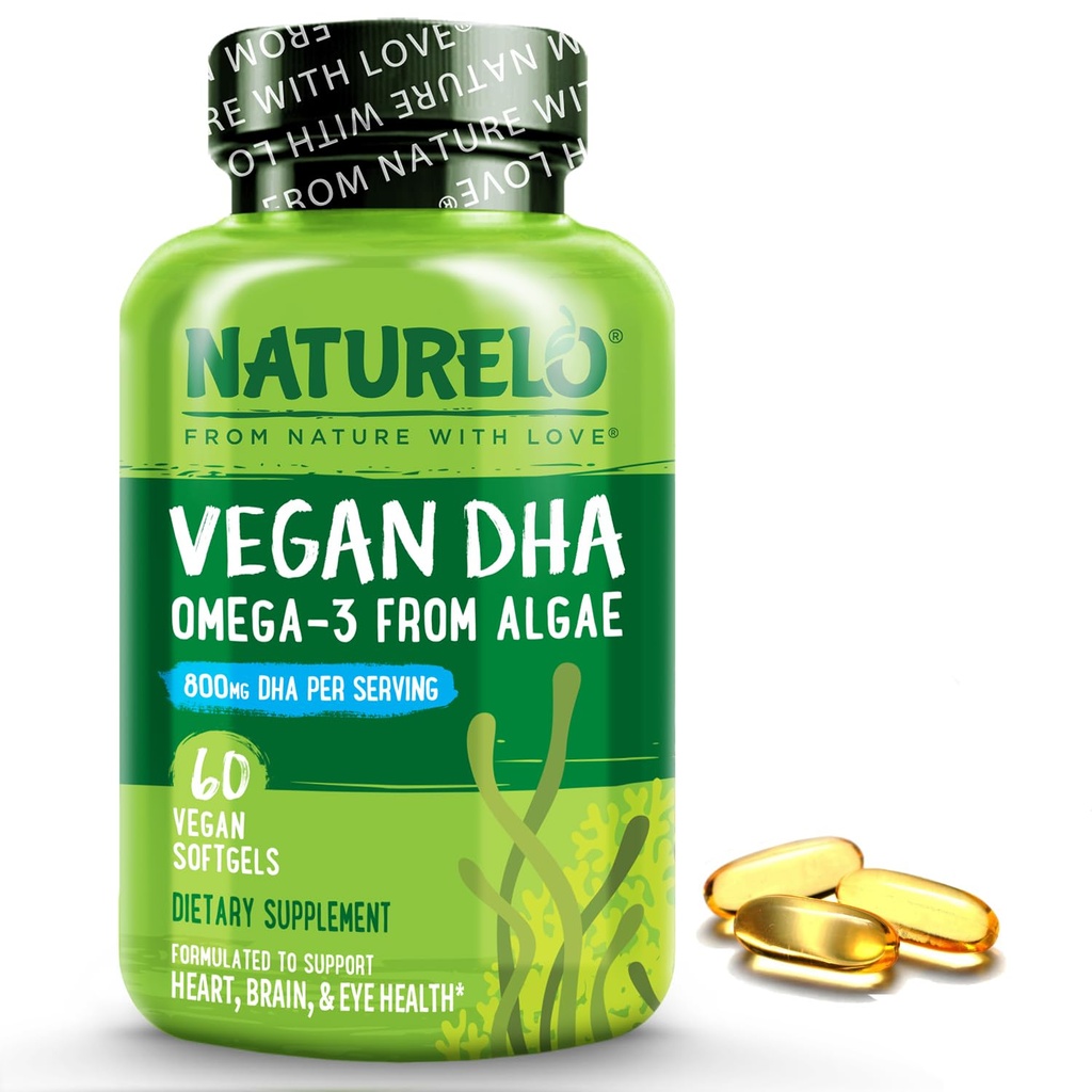 NATURELO Vegan DHA - Omega 3 Olie fra Alger - supplement til hjerne, hjerte, fælles, Eye Health - giver essentielle fedtsyrer til kvinder, mænd og børn - Supplementer Prenatal Vitaminer - 60 Softgels