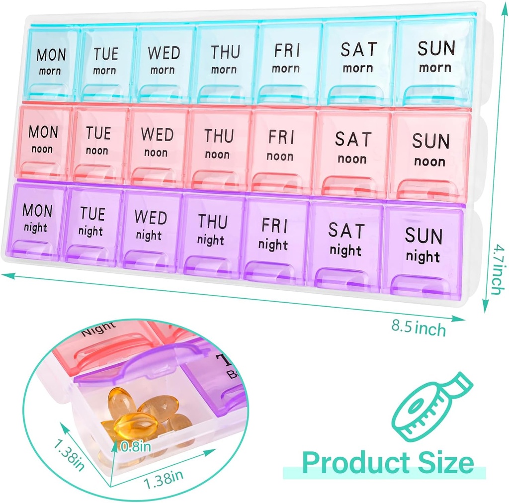 Large Weekly Pill Organizer 3 Times A Day,Travel Pill Cases ，Moisture-Proof 7 Day Pill Contaner, Portable for Pills Vitamin Fish Oil Supplements,Medicine Organizer（2Pack）