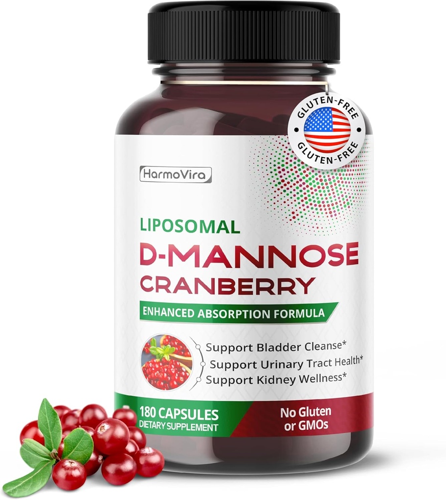 Liposomal D- Mannose Cranberry Supplement - 180 Capsules - 124; Uva Ursi, Hibiscus, Black Pepper - 124; Enhanced Absorption Formel 124; Non- GMO, Gluten- Free