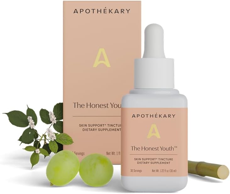 Apothékary The Honest Youth, Collagen Support Herbal Liquid Drops - 124; 100% Herbal Hud Sundhed, Sukker fri, Vegan, Flydende Kollagen med Reishi og Tremella Mushroom - 30 Servering - 1,22 fl oz