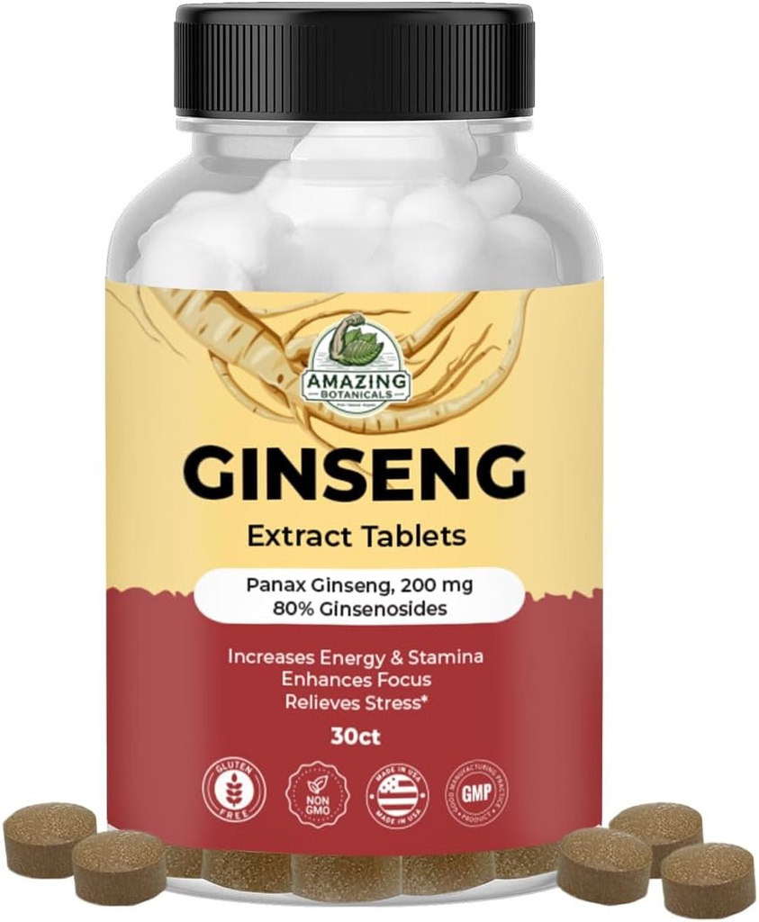 Amazing Botanicals Panax Ginseng Extract Tablets - 200mg Meget Potent 80% Ginsenosider til Energi & Afslapning - Natural Herbal Supplement til Kognitiv Booster - 30 tabletter