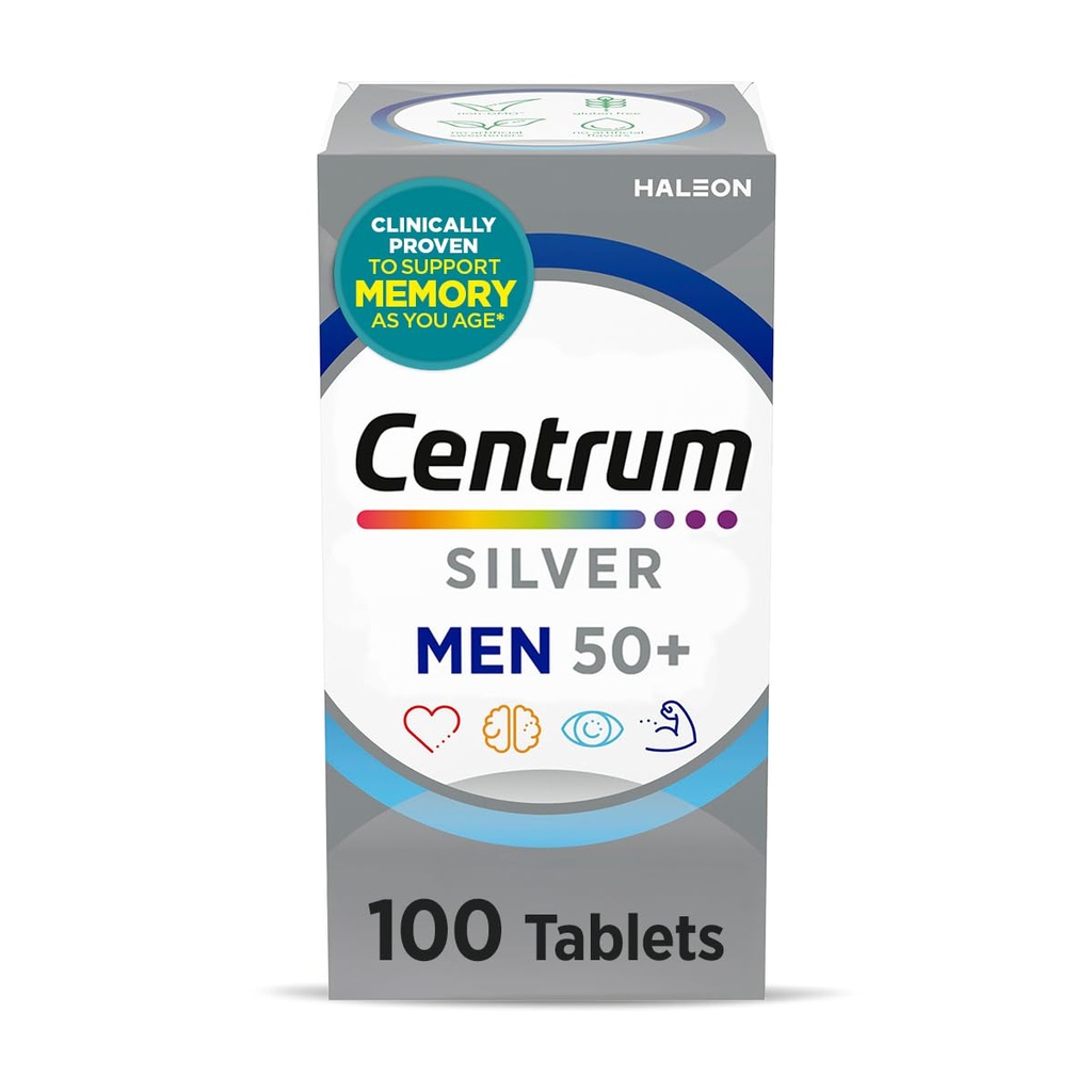 Centrum sølv Multivitamin til mænd 50 Plus, Multimineral Supplement, Vitamin D3, B- Vitamin og zink, Gluten fri, non-GMO ingredienser, understøtter hukommelse og kognition hos ældre voksne - 100 Ct
