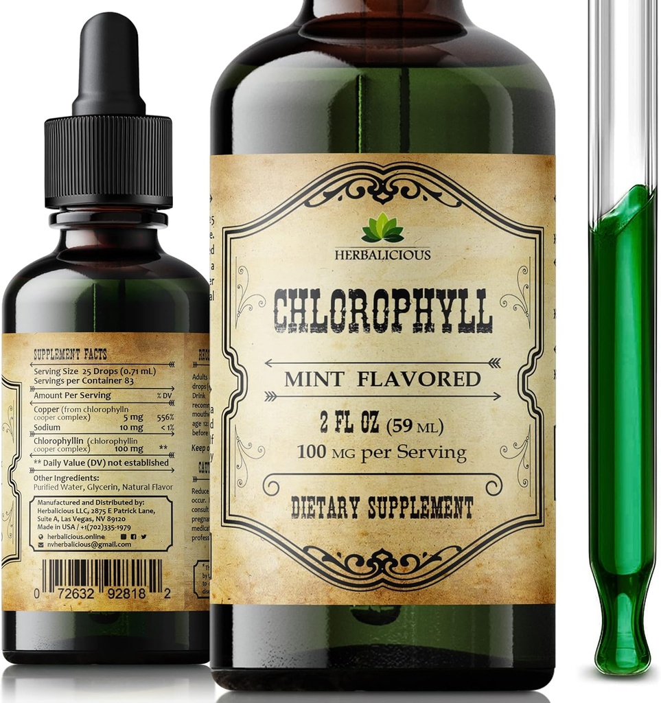 Chlorophyll Liquid Drops - Organic Natural Detox & Cleanse Support - Boost Energy, Immunitet & Metabolisme - Vegan, Non- GMO, Mint Flavor, 2 fl oz - Natriumkobber Chlorophyllin Extract - Lavet i USA