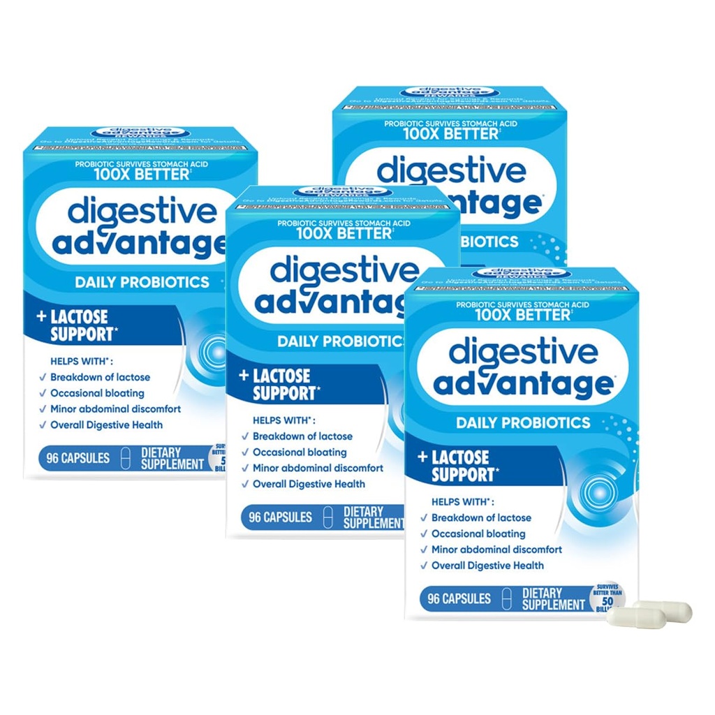 Fordøjelsesfordele Lactose Defense Enzymer + Probiotika til kvinder & mænd Occasional Bloating, Lactose opdeling, mindre abdominal ubehag, immunforsvar, 96 Count Capsules (4 Pack)
