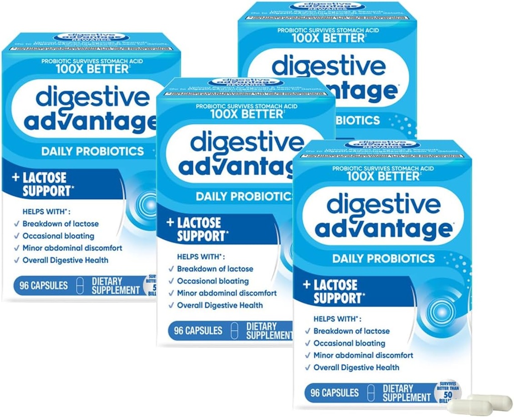 Fordøjelsesfordele Lactose Defense Enzymer + Probiotika til kvinder & mænd Occasional Bloating, Lactose opdeling, mindre abdominal ubehag, immunforsvar, 96 Count Capsules (4 Pack)