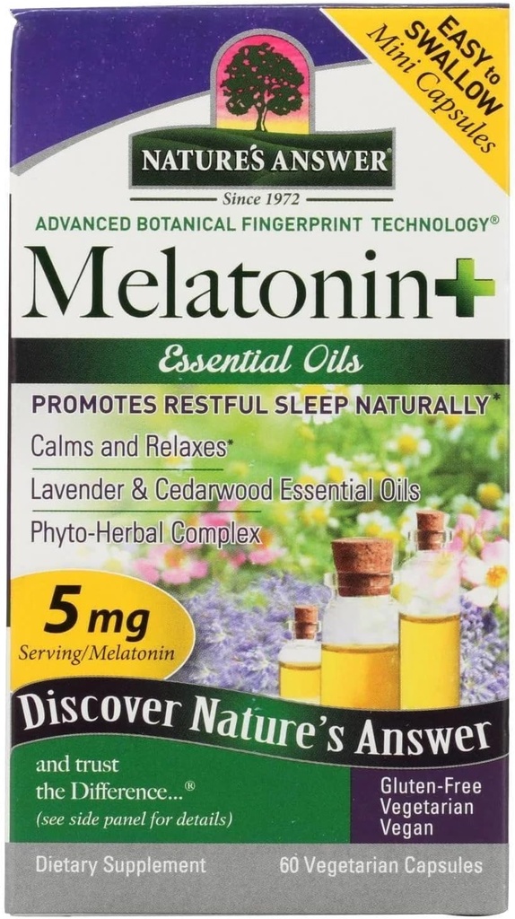 Naturens svar Melatonin +, 60 Count Capsules Promoes Restainful Sleep Dex124; Melatonin plus flygtige olier Lavendel Calms og relax
