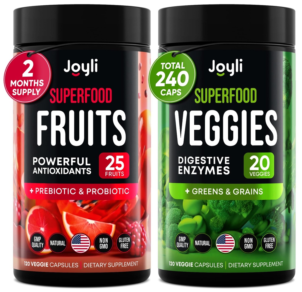 Frugt og grøntsager Supplement - High Fiber Supplement for Immunitet, Gut & Energy - Super Red & Super Green Kosttilskud med Marshmallow Root - 240 Red og Super Green Powder Superfood kapsler