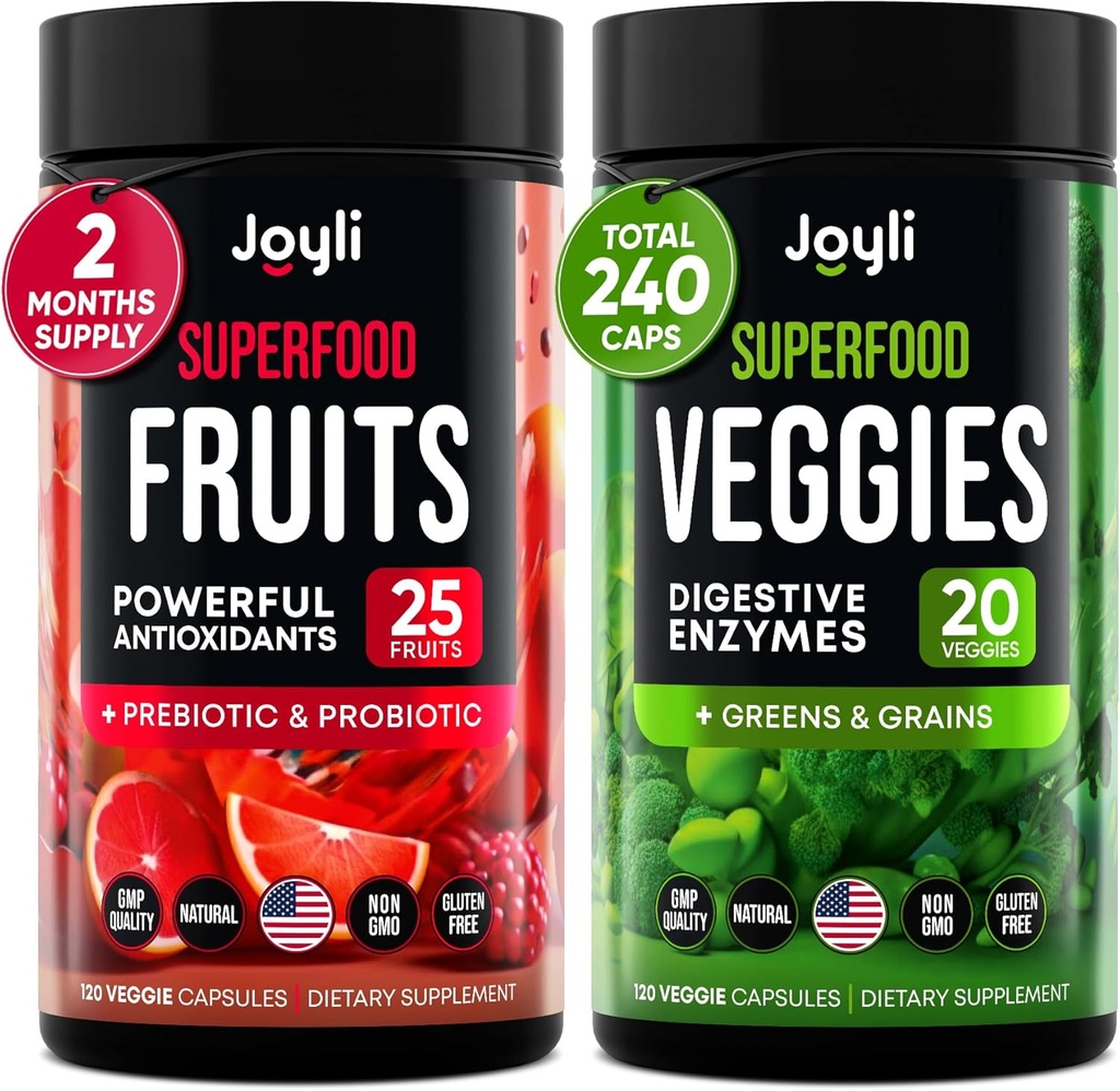 Frugt og grøntsager Supplement - High Fiber Supplement for Immunitet, Gut & Energy - Super Red & Super Green Kosttilskud med Marshmallow Root - 240 Red og Super Green Powder Superfood kapsler