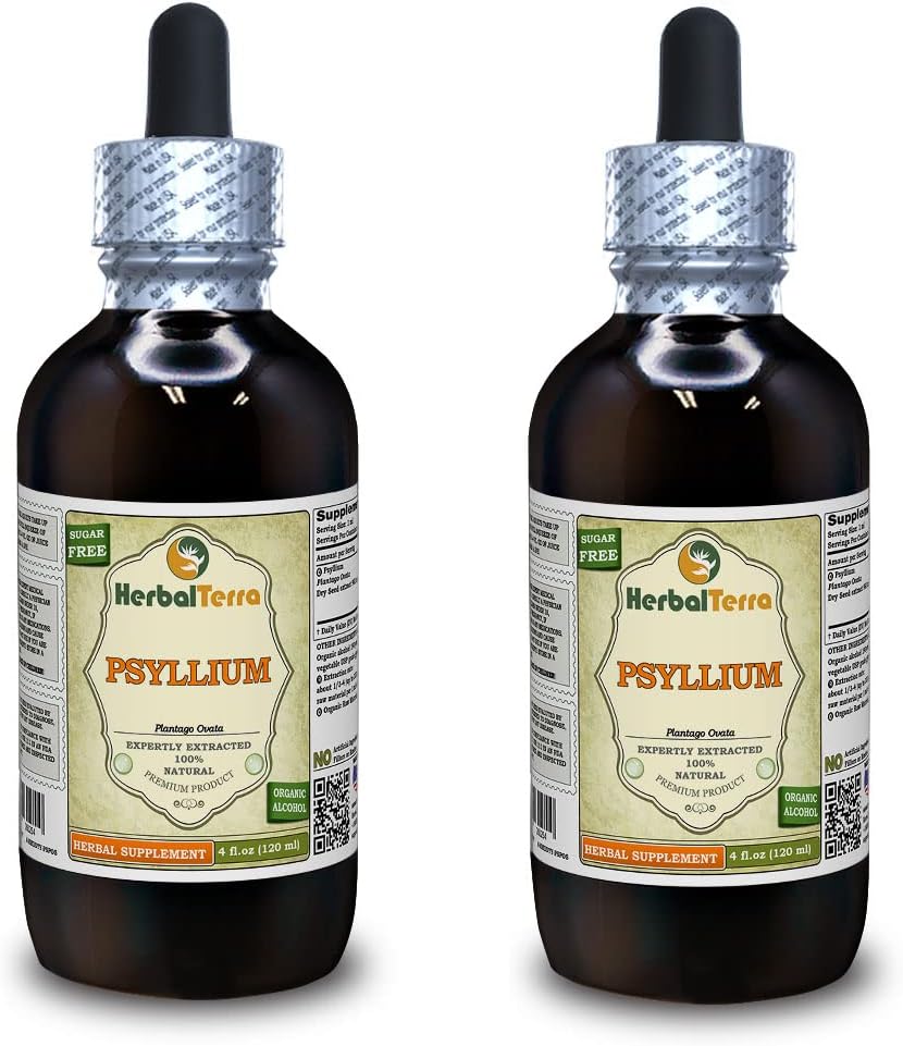 Psyllium (Plantago Ovata) Tinktur, Økologisk Tørret Seed Liquid Extract (Brand Name: HerbalTerra, Stolt Made in USA) 2x4 fl.oz (2x120 ml)