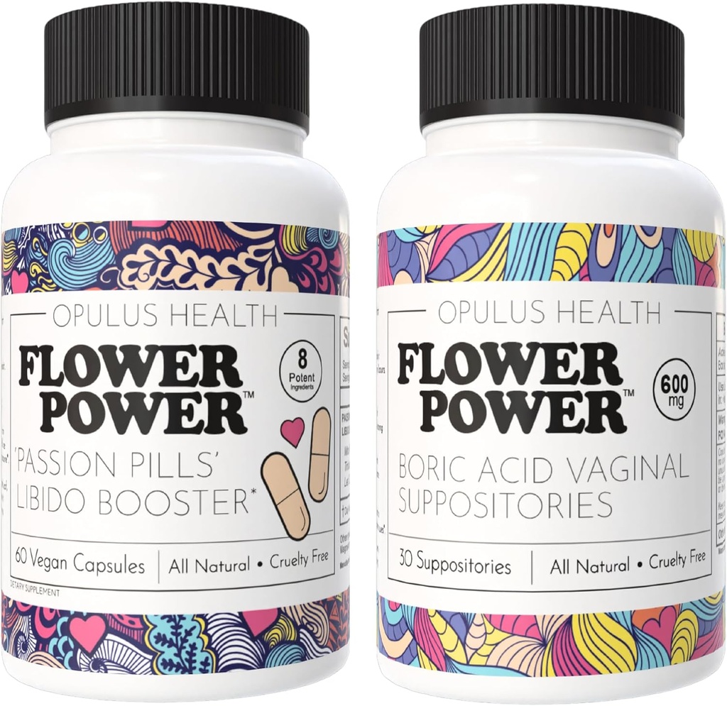 Flower Power - Passion Pills Libido Booster & Boric Acid Suppositorier - All- Natural Feminin Care Bundle for Enhanced Libido, Odor Control, og Balanced Vaginal Sundhed - 60 Vegansk Kapsler, 600mg - Ma