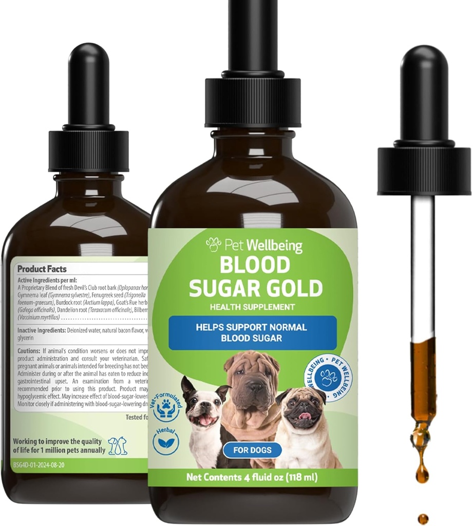 Pet Wellbeing - Blood Sugar Gold Værdi størrelse for hunde & katte - Naturlig støtte til sunde blodsukkerniveauer i din Pet med Diabetes - 4 oz (118ml)