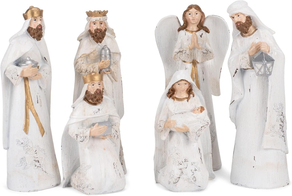 Transpac Dispressed White and Gold Tone 7,5 Tommer Resin Nativity Figurer Sæt af 6
