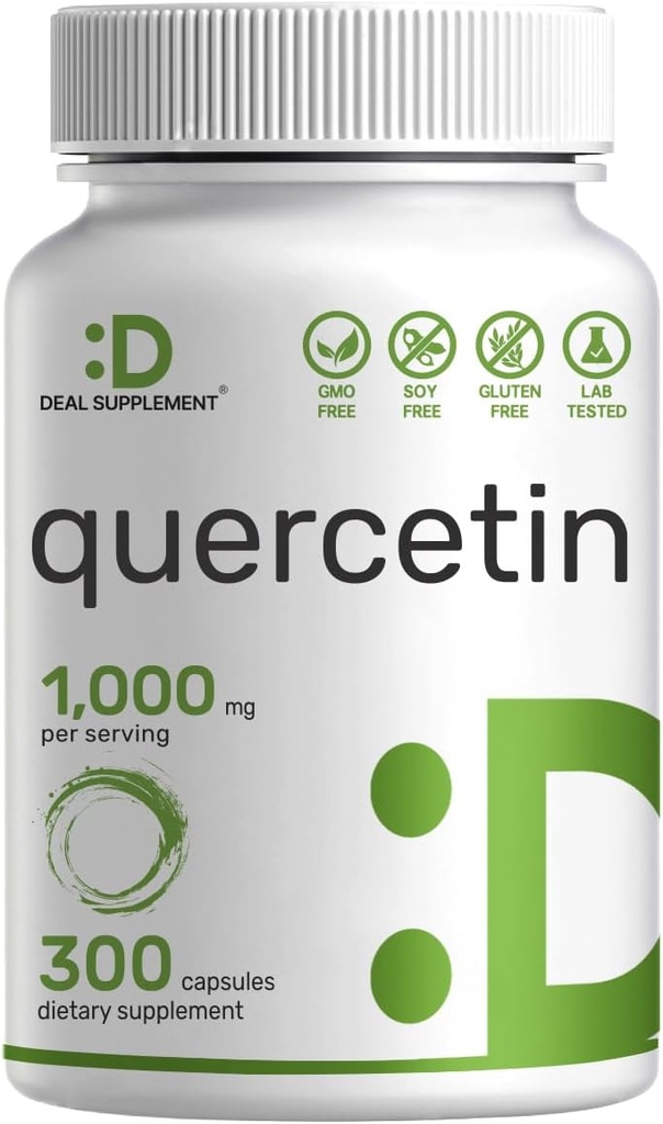 Quercetin 1.000mg per servering, 300 kapsler - Sunde immunsupporttilskud, højbiotilgængelige flavonoider, Natural Antioxidant - Non- GMO, Soy Free, No Gluten