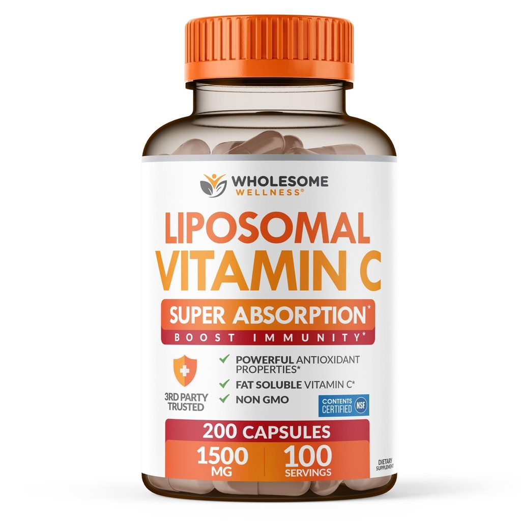 Groxome Wellness Liposomal C-vitamin kapsler (200 piller 1500mg buffered) Høj Absorption, immunsystem & kollagen Booster, Høj dosis fedt Opløselig Immunitet Support Ascorbic Acid, Natural Vegan