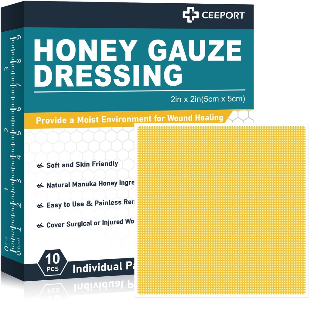 Manuka Honning Gauze Sår Klædning 2 "x 2", 10 Pack Manuka Honning Sår Pads, Medical Grade Honning Bandages til Sår Care, Honning Patch for Hurtigere Healing fra Burns, Abrasions, Cuts og skalder