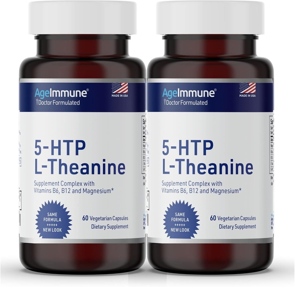 5- HTP Formel til stress Relief og afslapning støtte til Teens og voksne med 5- HTP, L- Theanin, B6-vitamin, B12-vitamin, Magnesium - Læge Formuleret - Magnesium Stearate Free - 60 kapsler.