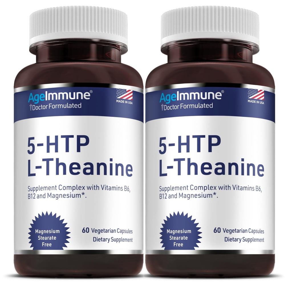 5- HTP Formel til stress Relief og afslapning støtte til Teens og voksne med 5- HTP, L- Theanin, B6-vitamin, B12-vitamin, Magnesium - Læge Formuleret - Magnesium Stearate Free - 60 kapsler.