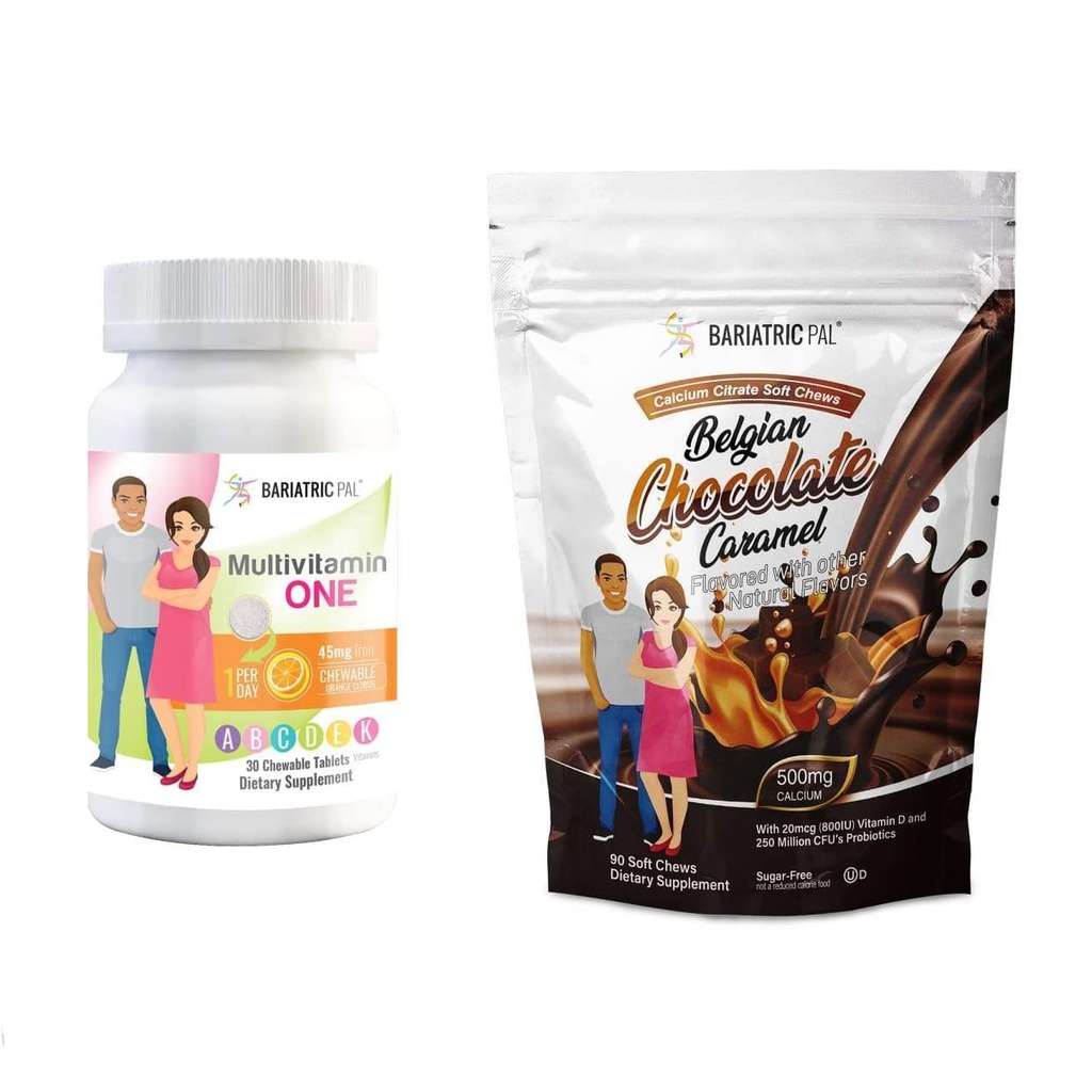 BariatricPal 30- Day Bariatric Vitamin Bundle (Multivitamin ONE 1 per dag! med 45mg Jern Chewable - Orange Citrus og Calcium Citrat Soft Chews 500mg med Probiotika - belgisk chokolade karamel)