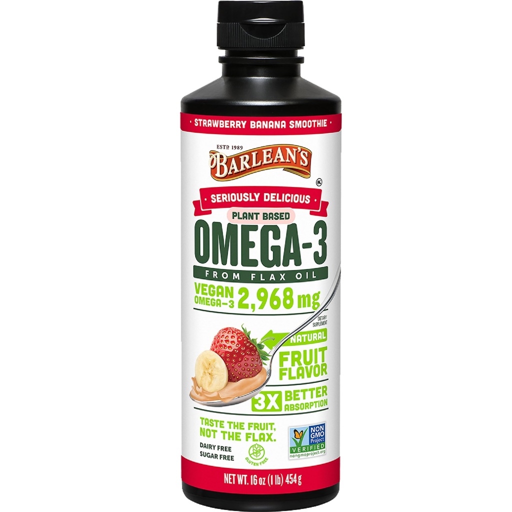 Barlean 's Vegan Omega 3 6 9 Flaxseed Oil Liquid Supplement, Jordbær Banana Smoothie, Hør Frø Olie med 2,968 mg ALA Fedtsyre, Non- GMO og Gluten Free, 16 oz