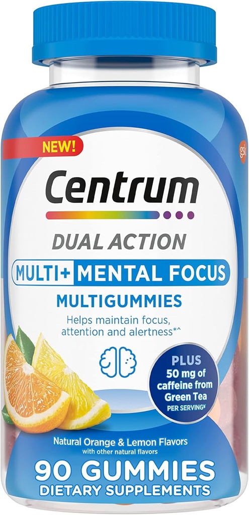 Centrum MultiGummies Multi + Dual Action Mental Focus Voksen Multivitamin med koffein fra grøn te, Understøtter Mental Focus, Opmærksomhed og Alerness, Lemon / Orange Flavors - 90 Greve