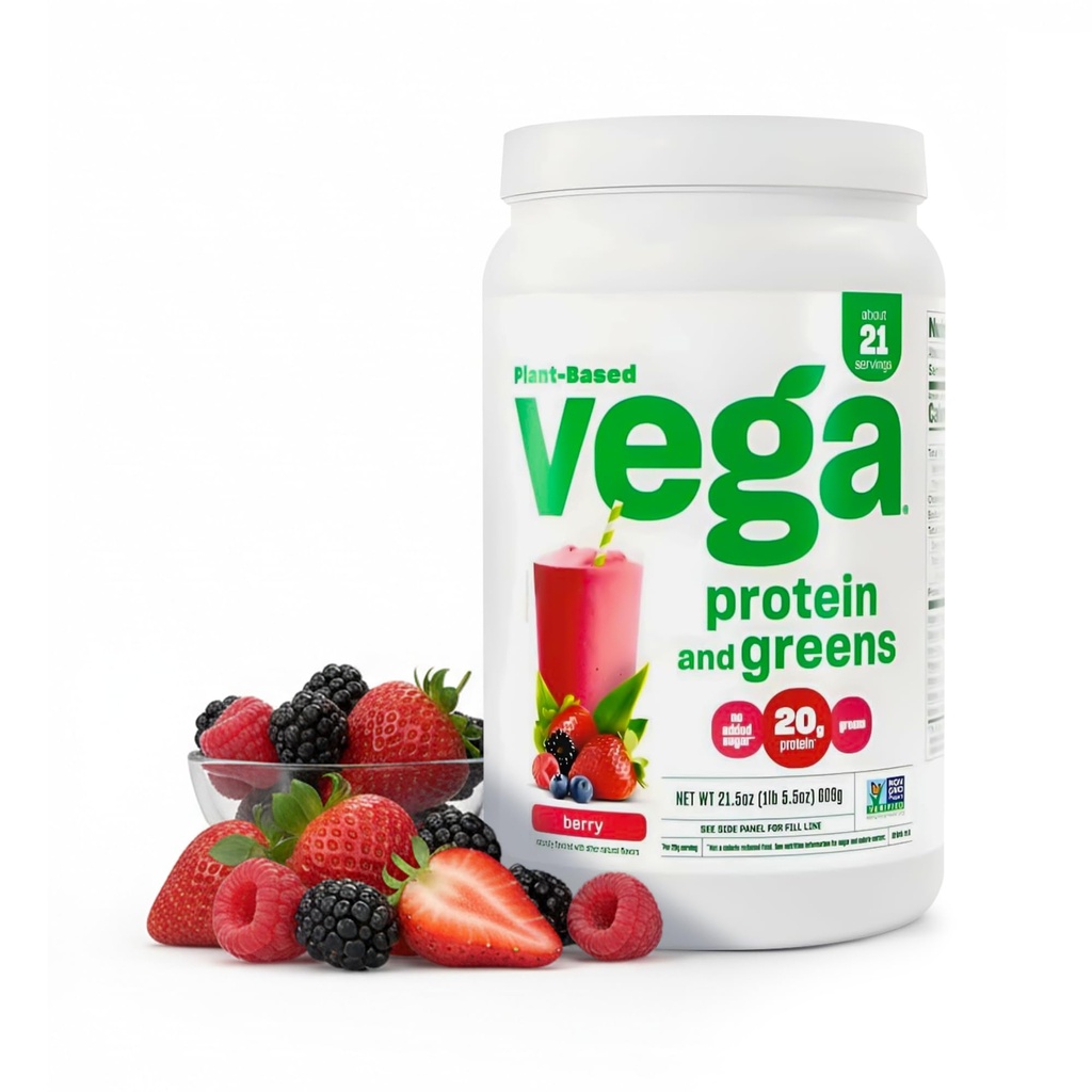 Vega Protein og Green Protein Powder, Berry - 20g Plant Protein Plus Veggies, Vegan, Ikke GMO, Pea Protein for kvinder og mænd, 1,3 lbs (Packaging May Vary)