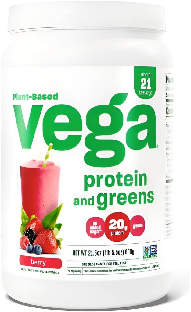 Vega Protein og Green Protein Powder, Berry - 20g Plant Protein Plus Veggies, Vegan, Ikke GMO, Pea Protein for kvinder og mænd, 1,3 lbs (Packaging May Vary)
