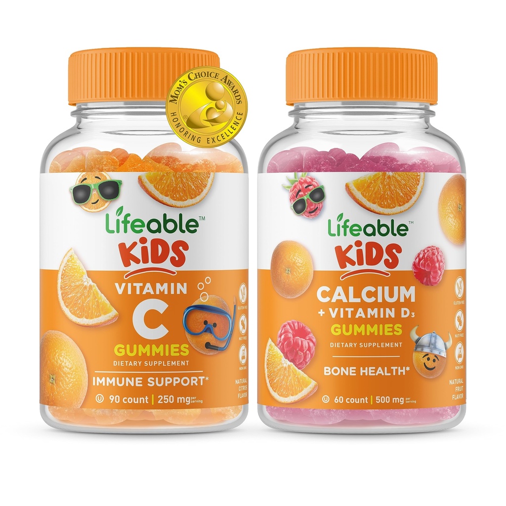 Lifeable C-vitamin Kids + calcium med D-vitamin Kids, Gummies Bundle - Great Tasting, Vitamin Supplement, Gluten Free, GMO Free, Chewable Gummy