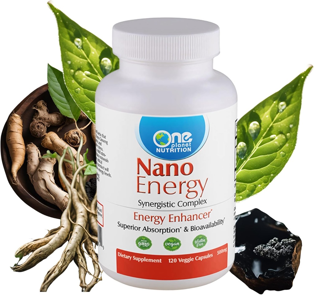 En Planet Nano Energy 500 mg Veggie Kapsler (120 Servere), Synergistisk Blend af Nano Ginseng, Shilajit, Ashwagandha & EGCG, understøtter energiniveauer, ikke-GMO, Vegan, Gluten Free