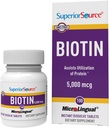 Superior Source Biotin 5000 mcg. Under Tongue Quick Opløs MicroLingual Tablets, 100 Greve, Understøtter sundt hår, hud, og nail vækst, Hjælper støtte energi Metabolisme, Non- GMO