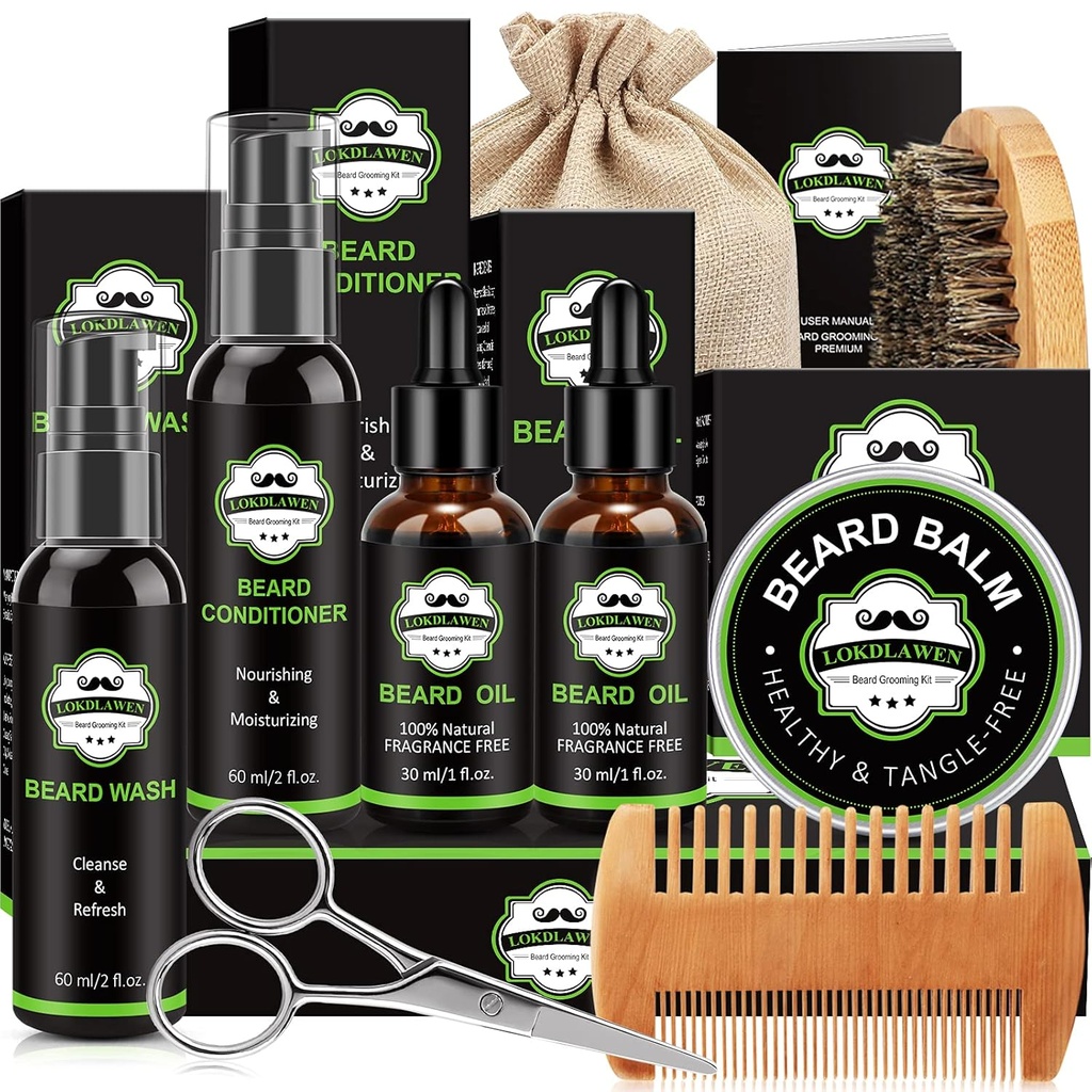 Beard Kit til mænd med skæg vask, skæg Conditioner, skæg olie, skæg Balm, Brush, Comb, Saks, opbevaring taske, gaver til mænd far Mand Kæreste