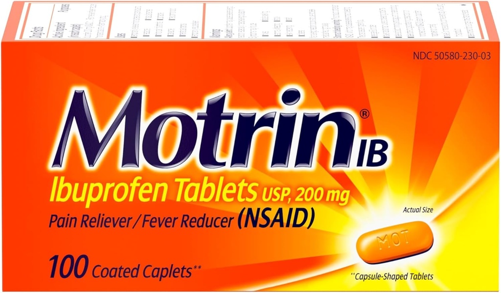 Motrin IB, Ibuprofen 200 mg tabletter, Pain Reliever & Fever Reducer for Muscular Aches, Hovedpine, Backache, Menstruelle kramper & mindre arthritis Pain, NSAID, 100 Ct
