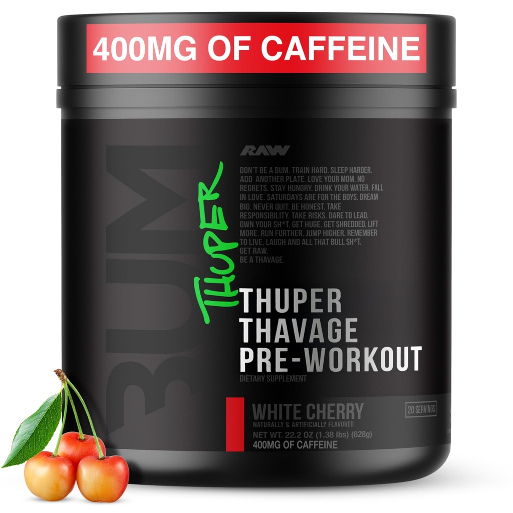RAW Thuper Thavage Pre Workout Powder - High- Stim Preworkout med Creatin, Beta Alanine, L- Citrullin & Koffein - Chris Bumstead Gym & Fitness supplement til mænd og kvinder - hvid kirsebær