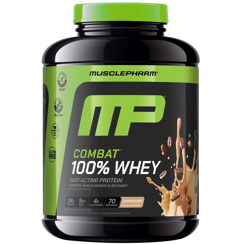 MusclePharm Combat 100% Whey Protein Powder, Cappuccino Flavor, Hurtig Inddrivelse & Muscle Gain med Whey Protein Isolate, High Protein Powder for kvinder & mænd, Gluten Free, 5 LB, 70 Servering