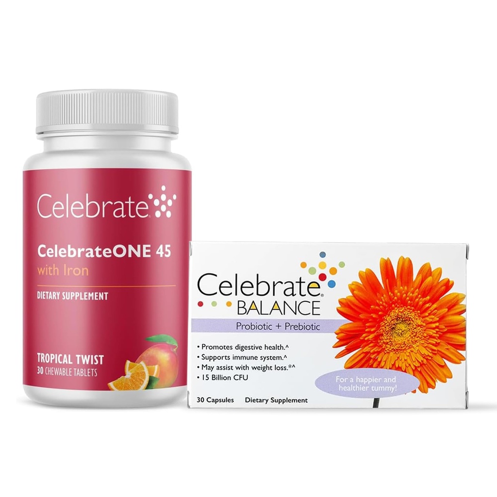 CelebrateONE 45 Chewable Multivitamin med jern & Balance Probiotisk Bundle - Bariatric Vitamin til post-Gastric bypass & Sleeve Gastrectomy - Nutritional & fordøjelsesstøtte