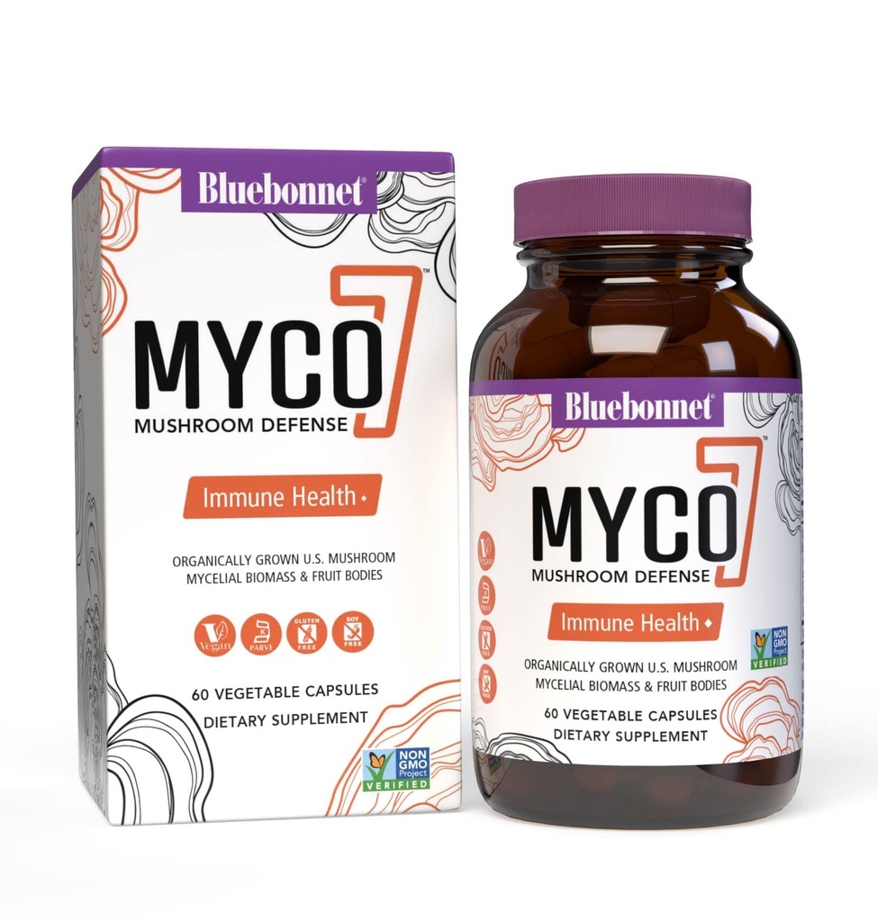 BlueBonnet Nutrition Myco- 7 Mushroom Defense - 7 Organisk dyrket USA Hel, Full- Cycle Mushrooms - for immun & Wellness - Soy- Free, Gluten- Free, Non- GMO, Kosher, og Vegan - 60 Vegetabilske kapsler