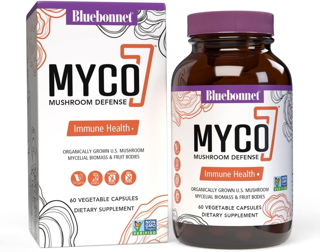 BlueBonnet Nutrition Myco- 7 Mushroom Defense - 7 Organisk dyrket USA Hel, Full- Cycle Mushrooms - for immun & Wellness - Soy- Free, Gluten- Free, Non- GMO, Kosher, og Vegan - 60 Vegetabilske kapsler