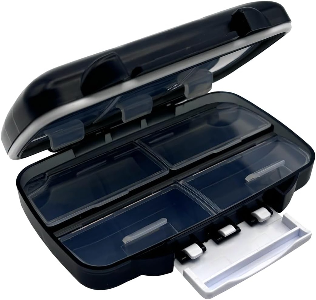 EZY DOSE Moisture- Proof Portable Pill Dispenser, Pocket Purse Organizer, Pharmacy Box, Rejse Medicin Holder, Latch-Lukning til at sikre indhold, Overdimensionerede kompartmenter, lufttæt segl, Medium, Sort