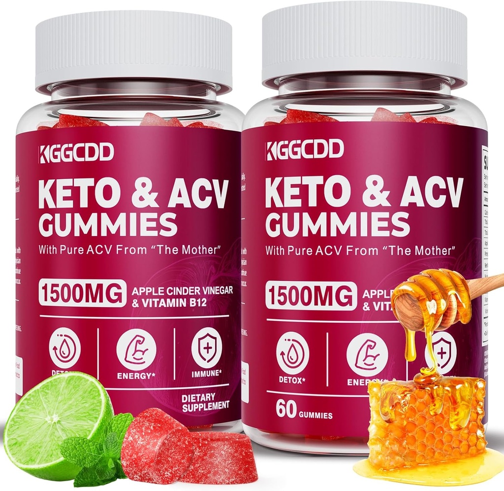 (2 Pack) Keto ACV Gummies1500MG Keto Gummies Apple Cider Vinegas Formuleret med Pomegranat Beet Juice Powder B12 Vegan Non GMO 120 Gummys