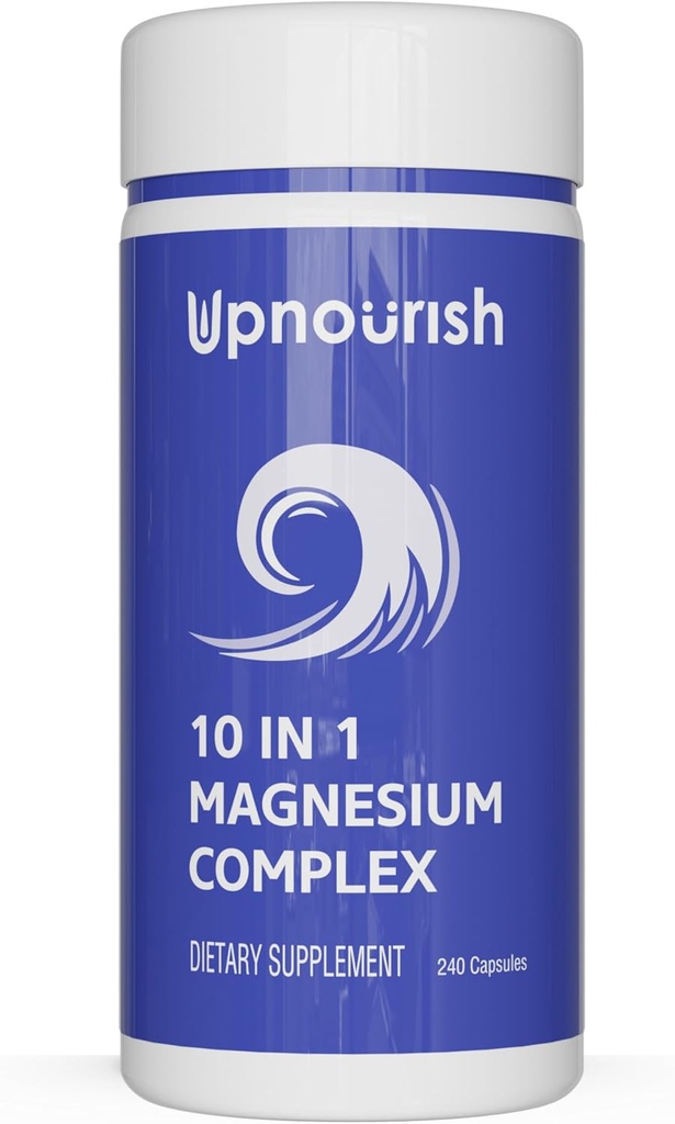 UpNourish Magnesium Supplement - 10 i 1 Magnesiumkompleks - Fuld Spectrum Magnesium Mineral Kosttilskud med Glycinat, Citrat, Taurat, Malat, Carbonat, Oxide og mere, 240 Vegankapsler
