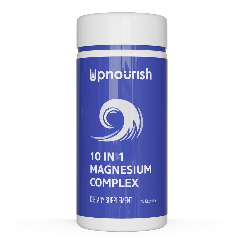 UpNourish Magnesium Supplement - 10 i 1 Magnesiumkompleks - Fuld Spectrum Magnesium Mineral Kosttilskud med Glycinat, Citrat, Taurat, Malat, Carbonat, Oxide og mere, 240 Vegankapsler