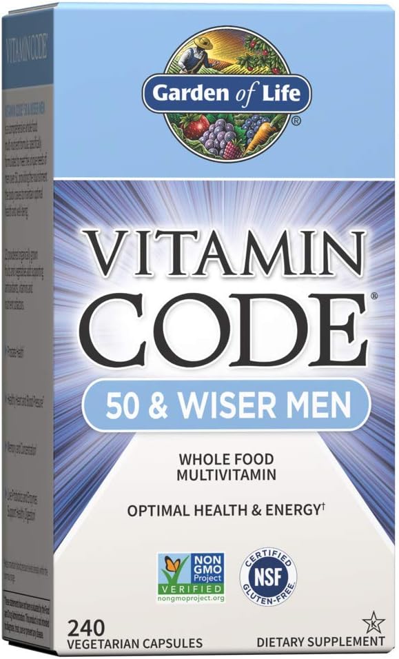 Have of Life Vitamin Code 50 & Wiser Mænd Rå hele fødevarer Multivitamin, Vitaminer til mænd Over 50 for prostata sundhed, sundt hjerte, blodtryk, 240 Vegetariske kapsler * Emballage Kan Vary *