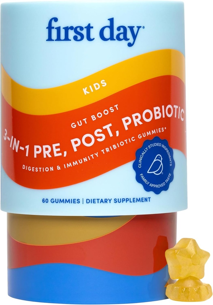 Første dag Kids 3- in-1 Probiotiske Gummies - Prebiotic + Probiotic + Postbiotic Supplement - Understøtter fordøjelse og oral sundhed, immunfunktion & energiniveauer - 30-dages forsyning