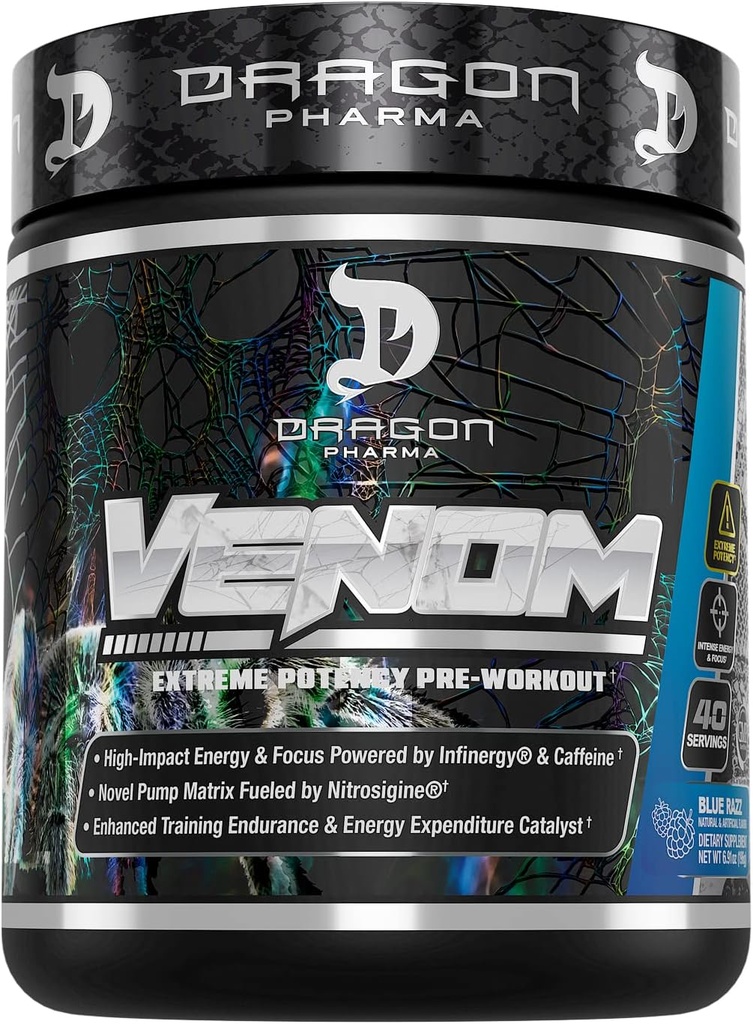 DRAGON PHARMA Venom Extreme Potency Pre- Workout, Laser Sharp Focus + Energy, Intense Performance, Proven Ingredienser til forbedret vasodilation & Endurance (40 Servere, Blå Hindbær)