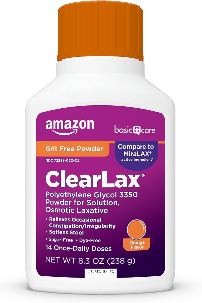 Basic Care ClearLax Polyethylen Glycol 3350 Powder for Solution, Orange Flavor, Osmotic Laxative, Afføringsmiddel, Relieves Occasional Constipation, 8.3 Unse (pakke med 1)
