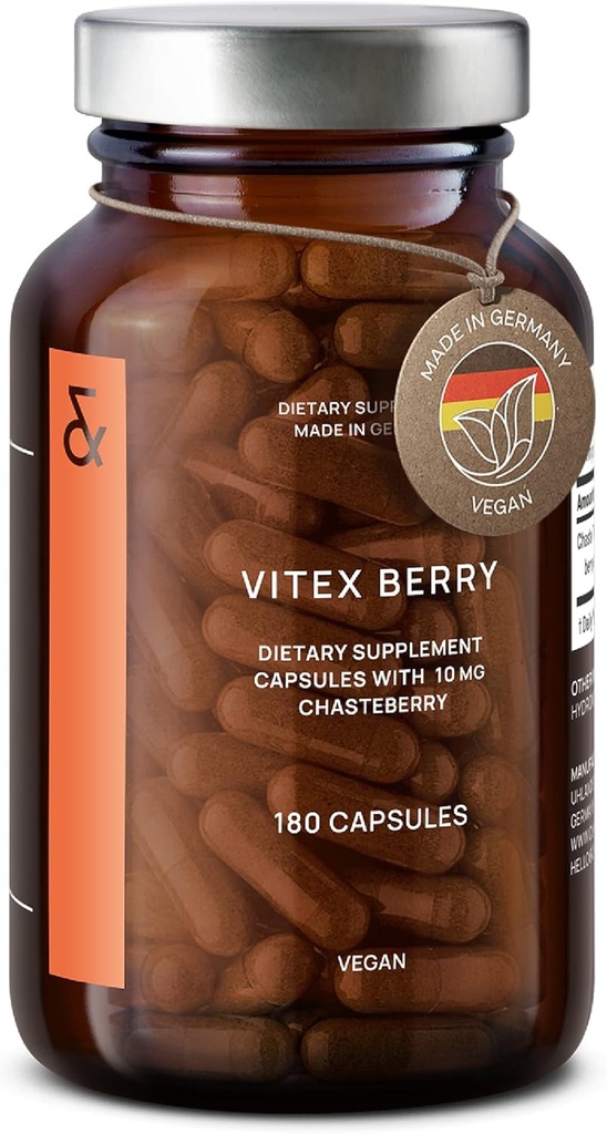 Vitex Berry - Premium Chasteberry 4: 1 Extract (Vitex Agnus Castus) - Menopause & PMS Support - Hormone Balance for Women - 180 Kapsler - 6 Måned Supply - Made in Germany