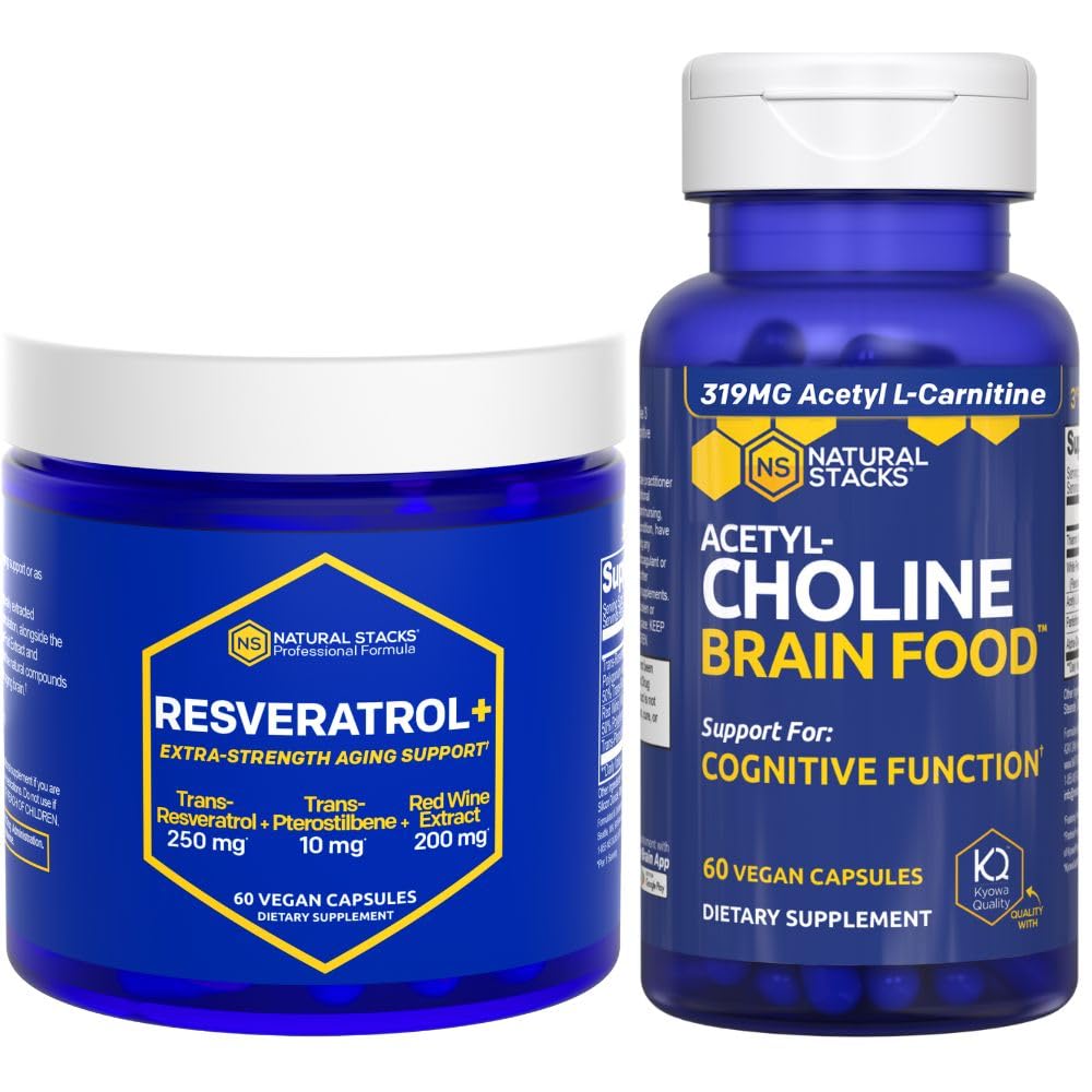 NATURLIGE STAKKER Acetylcholine Brain Food + Resveratrol Supplement Bundle - Understøtter kognitiv funktion & Brain Aging * - 120 Total Kapsler